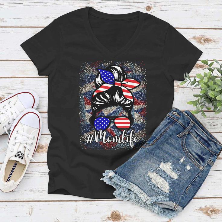 American Flag Mom Life 4Th Of July Women V-Neck T-Shirt