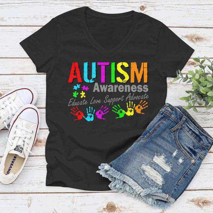 Autism Awareness Educate Love Support Advocate Women V-Neck T-Shirt