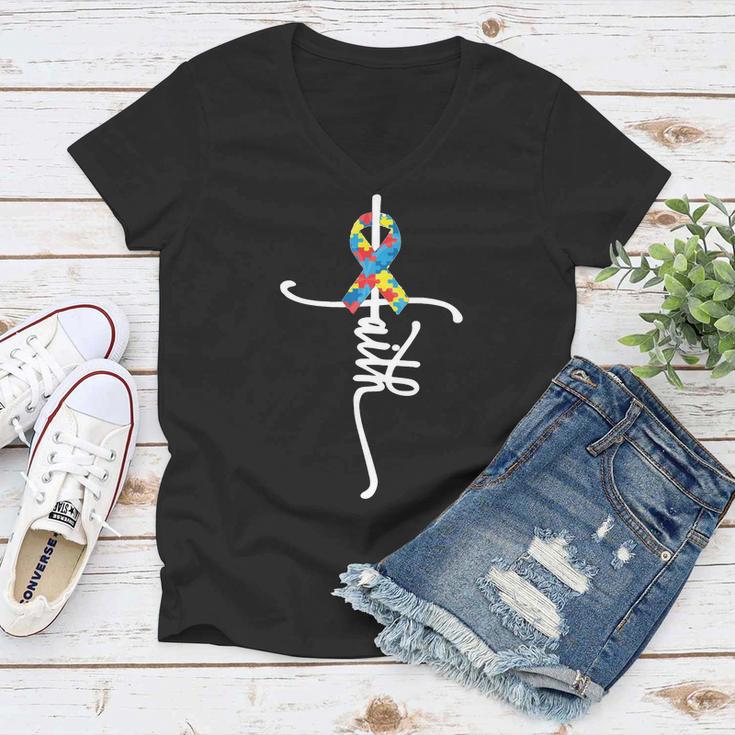 Autism Faith Puzzle Ribbon Tshirt Women V-Neck T-Shirt