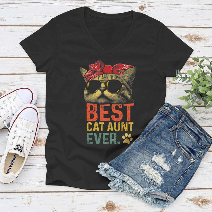 Best Cat Aunt Ever Vintage Cat Lover Cool Sunglasses Funny Women V-Neck T-Shirt