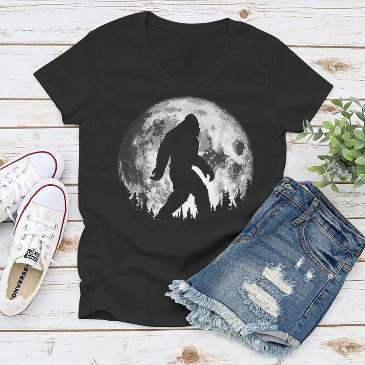 Bigfoot Night Stroll Cool Full Moon Night & Trees Sasquatch Women V-Neck T-Shirt