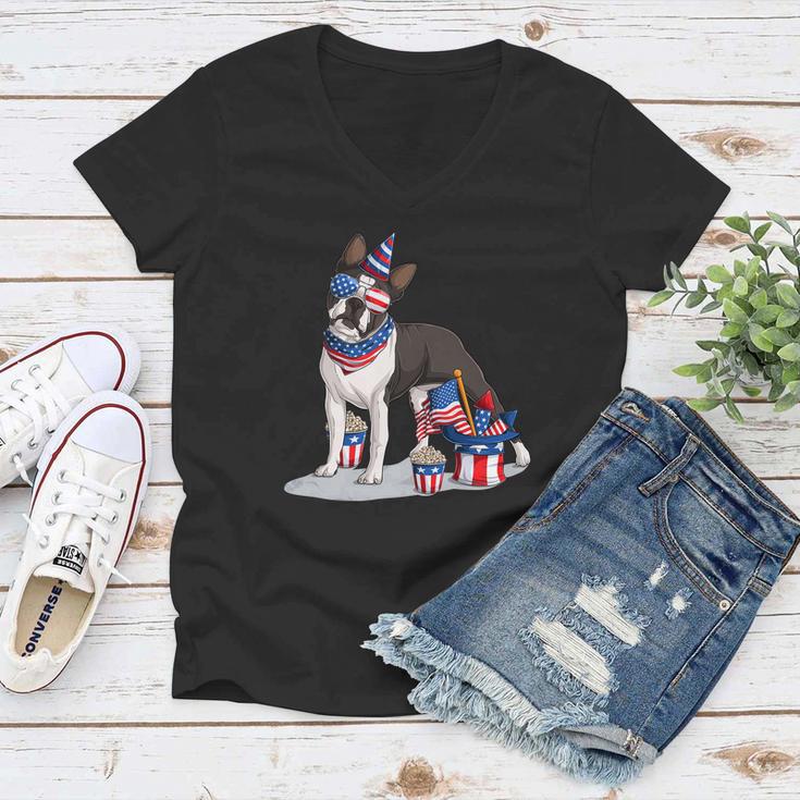 Boston Terrier Dog 4Th Of July Cap Sunglasses Usa Flag Fireworks Women V-Neck T-Shirt