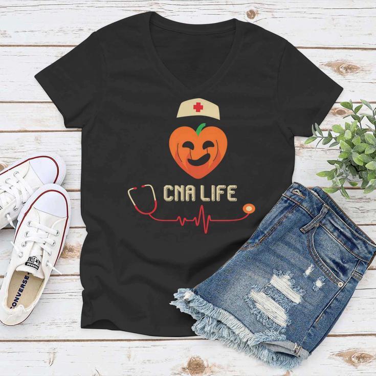 Cna Life Nurse Heartbeat Job Fall Pumpkin Women V-Neck T-Shirt