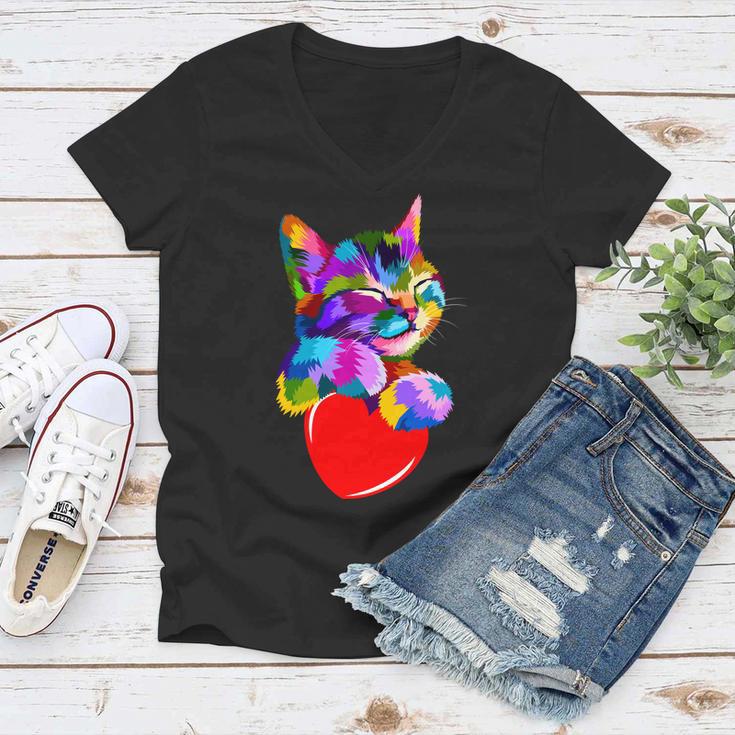 Colorful Cat Full Of Love Kitten Lovers Women V-Neck T-Shirt