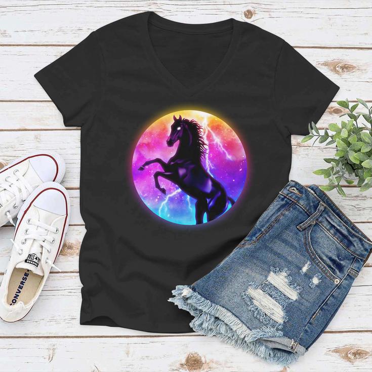 Colorful Retro 80S Eighties Lightning Galaxy Horse Women V-Neck T-Shirt