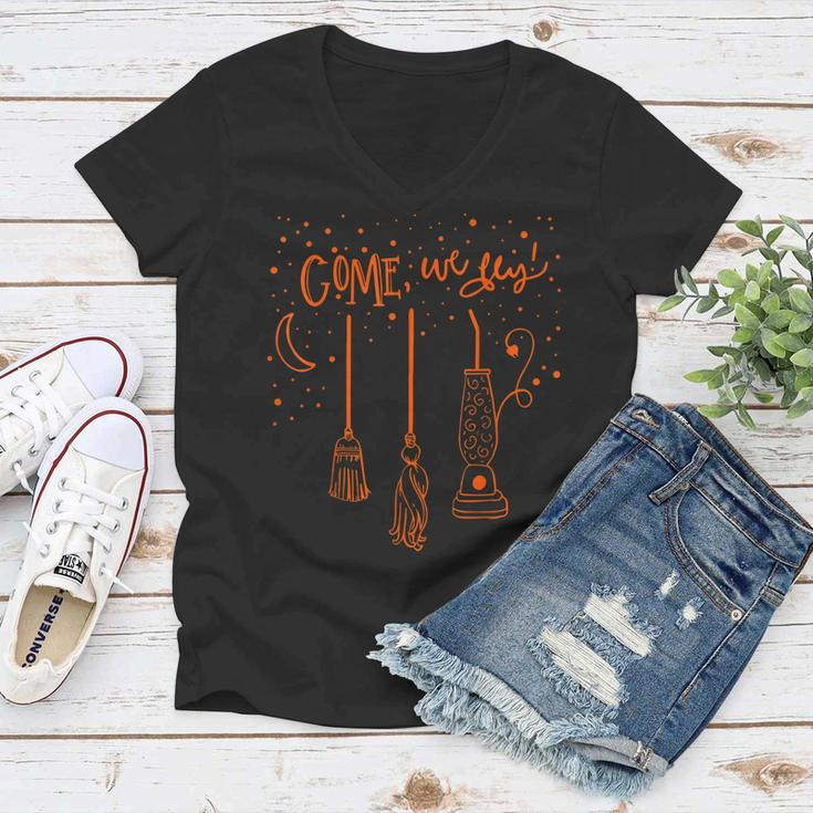 Come We Fly Basic Witch Broom Happy Halloween Women V-Neck T-Shirt