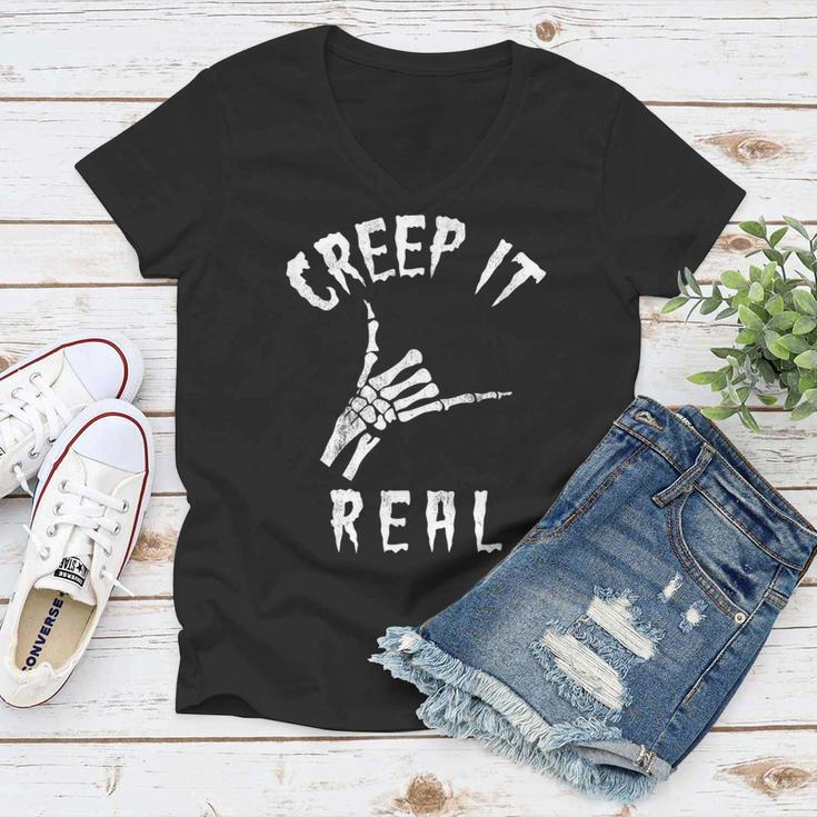 Creep It Real Skeleton Hand Shaka Funny Spooky Halloween Women V-Neck T-Shirt