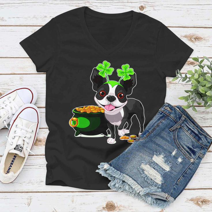 Cute Boston Terrier Shamrock St Patricks Day Women V-Neck T-Shirt