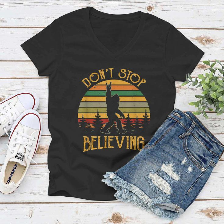 Dont Stop Believing Bigfoot Rock And Roll Retro Sasquatch Women V-Neck T-Shirt