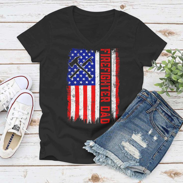 Firefighter Retro American Flag Firefighter Dad Jobs Fathers Day V3 Women V-Neck T-Shirt