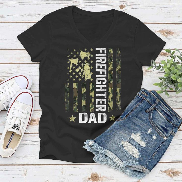 Firefighter Usa Flag Camouflage Firefighter Dad Patriotic Fathers Day_ Women V-Neck T-Shirt