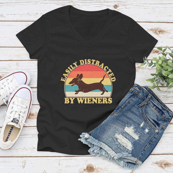 Funny Retro Easily Distracted By Wieners Dachshund Fan Women V-Neck T-Shirt