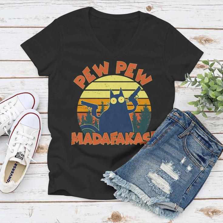 Funny Vintage Pew Pew Madafakas Gun Cat Tshirt Women V-Neck T-Shirt