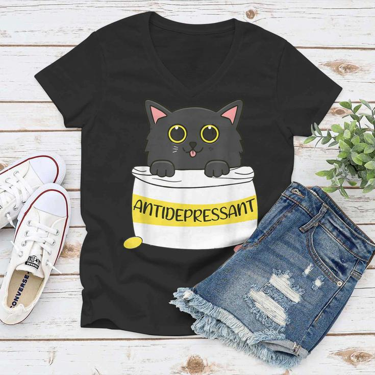 Fur Antidepressant Cute Black Cat Illustration Pet Lover Women V-Neck T-Shirt