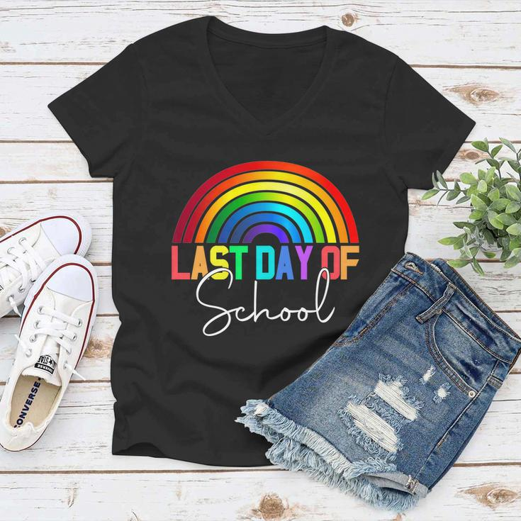 Happy Last Day Of School Teacher Student Graduation Rainbow Gift Women V-Neck T-Shirt