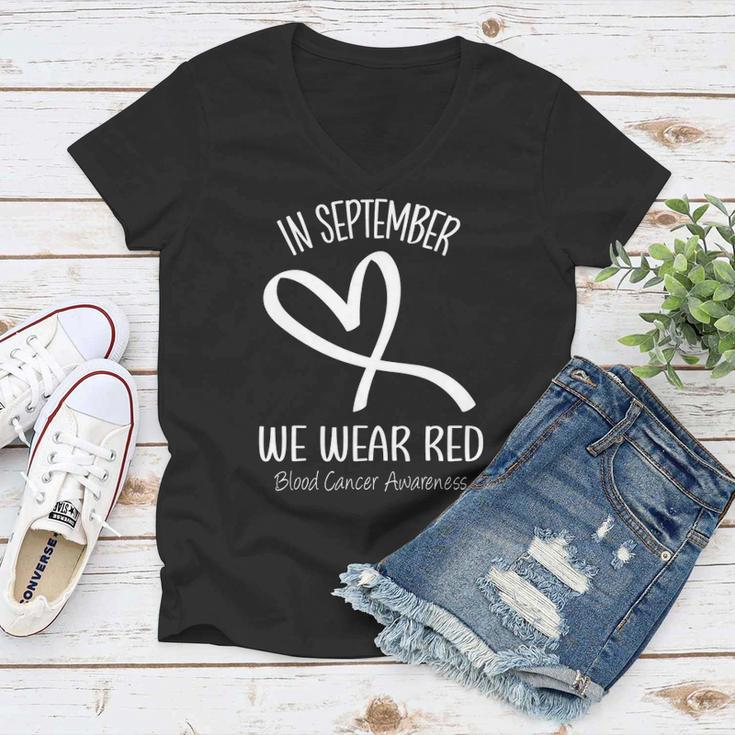 Heart In September We Wear Red Blood Cancer Awareness Ribbon Women V-Neck T-Shirt