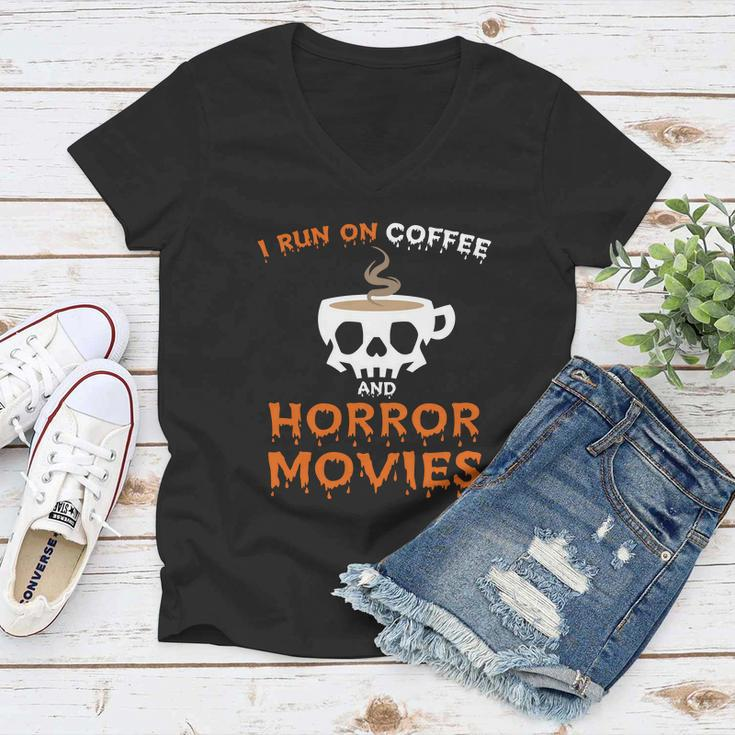 I Run On Coffee Horror Movies Halloween Quote Women V-Neck T-Shirt