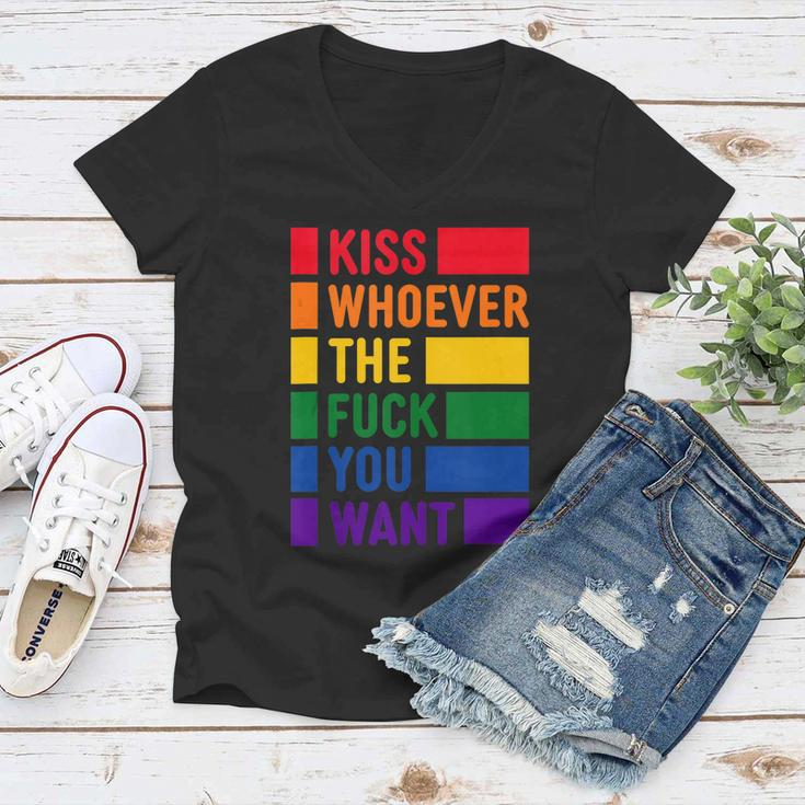 Kiss Whoever The Fuck You Want Lgbt Rainbow Pride Flag Women V-Neck T-Shirt