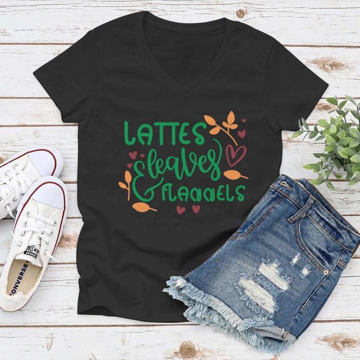 Lattes Leaves Flannels Thanksgiving Quote Women V-Neck T-Shirt