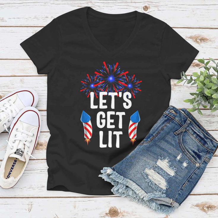 Lets Get Lit 4Th Of July With Fireworks Gift Women V-Neck T-Shirt