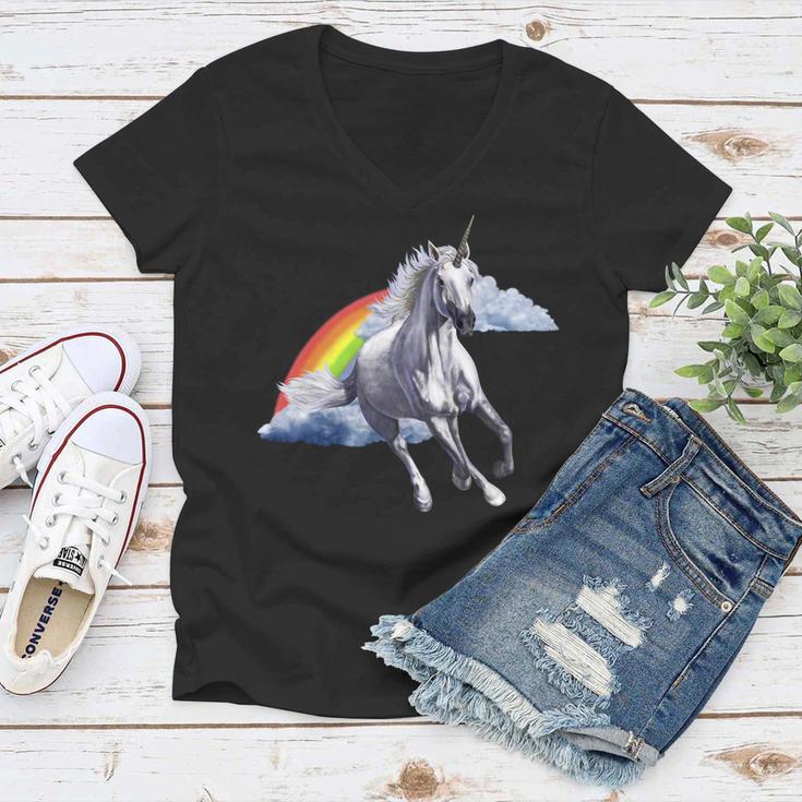 Magical Unicorn Horse Over Rainbow Women V-Neck T-Shirt