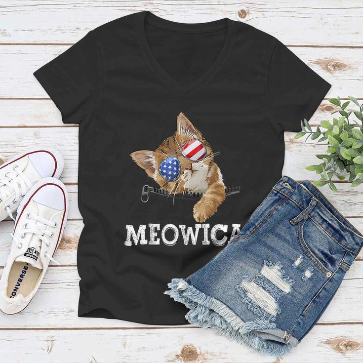 Meowica American Flag Cool Joke Cat Sunglusses 4Th Of July Women V-Neck T-Shirt