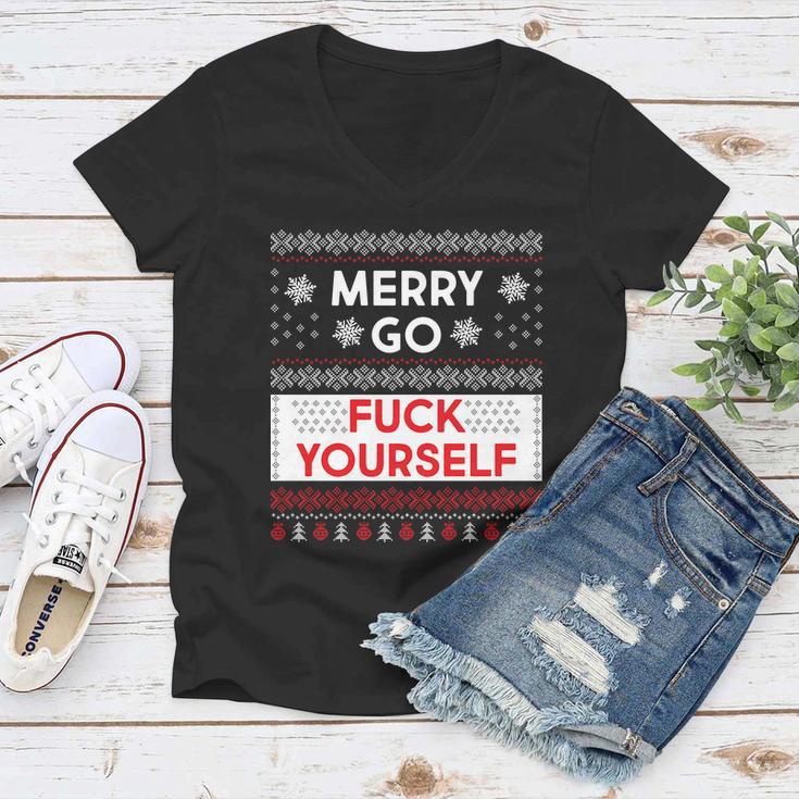 Merry Go FCk Yourself Ugly Christmas Sweater Women V-Neck T-Shirt