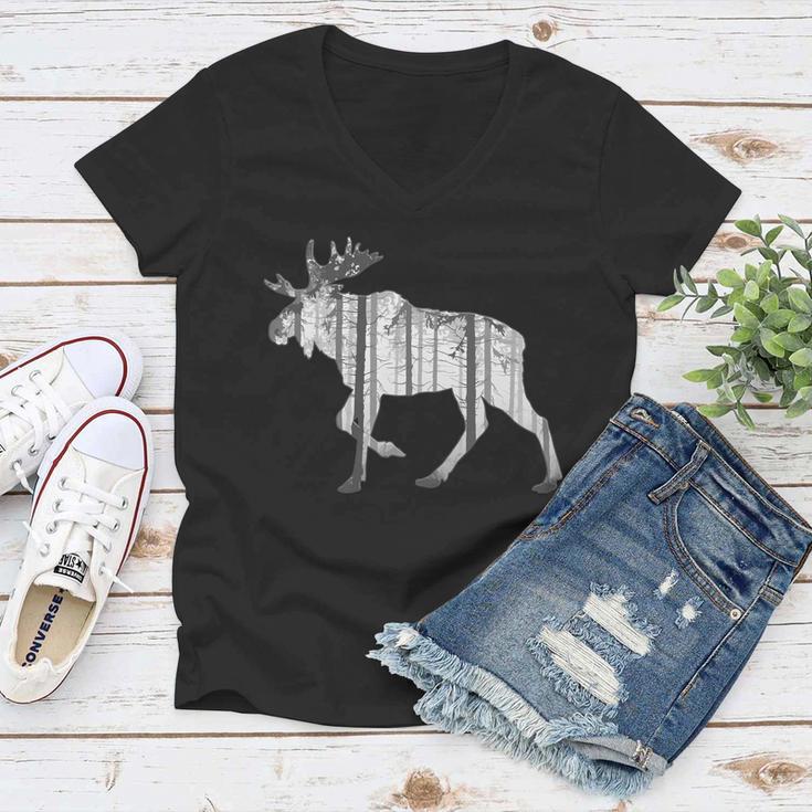 Moose Forest Silhouette Grey Style Tshirt Women V-Neck T-Shirt