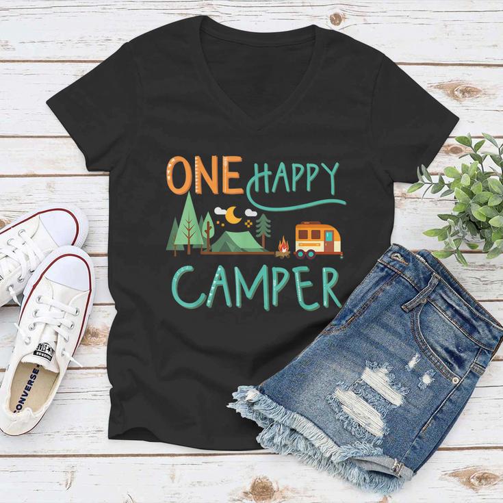 One Happy Camper First Birthday Gift Camping Matching Gift Women V-Neck T-Shirt