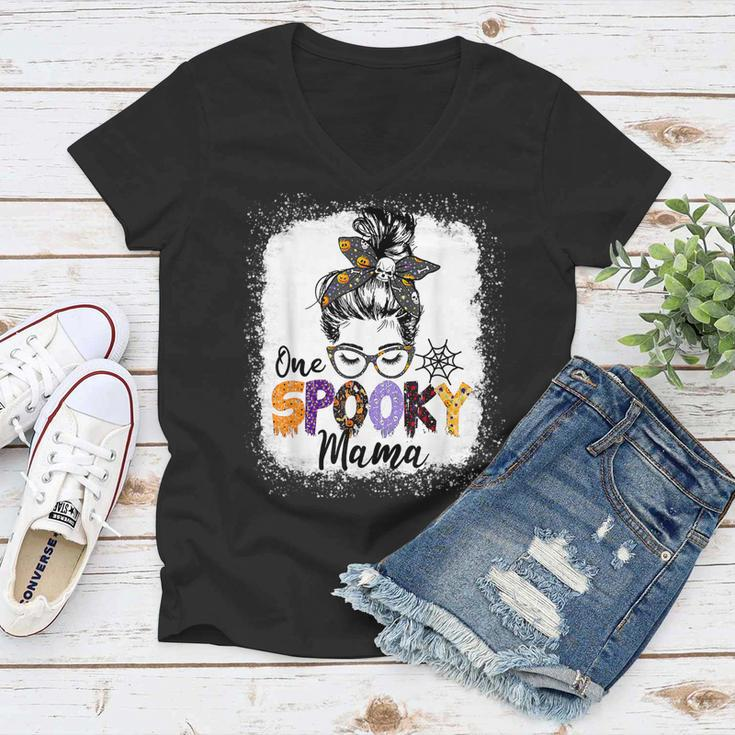 One Spooky Mama Messy Bun Skull Halloween Funny Mom Life Women V-Neck T-Shirt