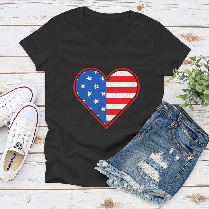 Patriotic American Flag Heart For 4Th Of July Girl Women V-Neck T-Shirt