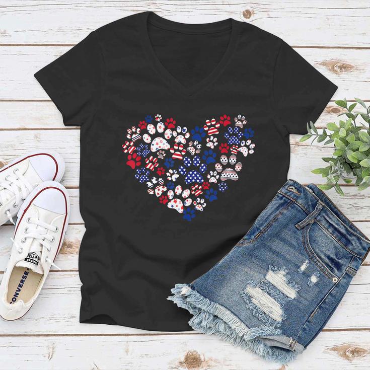 Patriotic Heart American Flag 4Th Of July Dog Paw Prints Women V-Neck T-Shirt