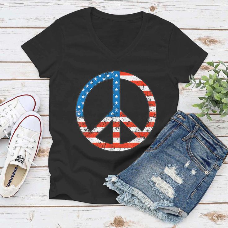 Peace Sign Usa Flag 4Th Of July Women V-Neck T-Shirt