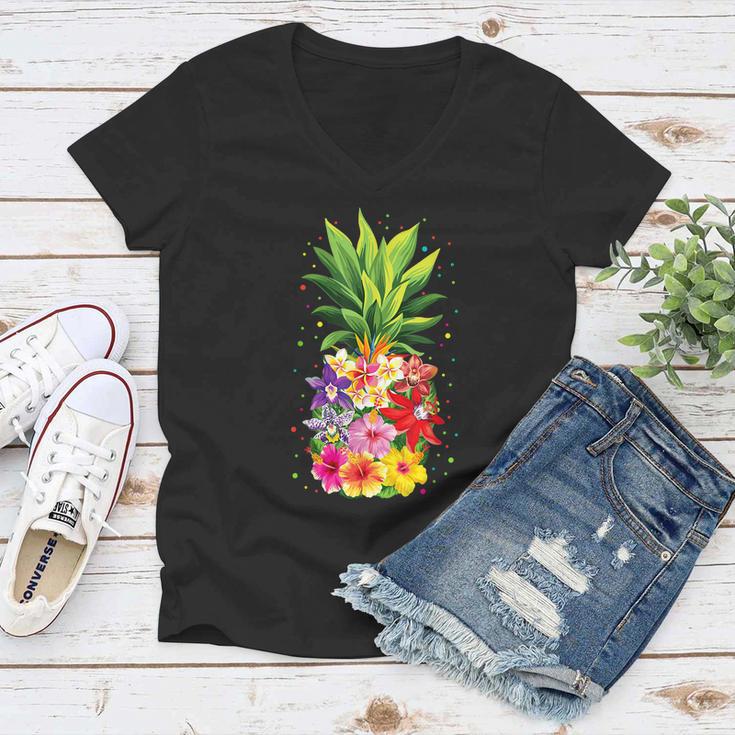 Pineapple Flowers Aloha Hawaii Vintage Hawaiian Floral Women Women V-Neck T-Shirt