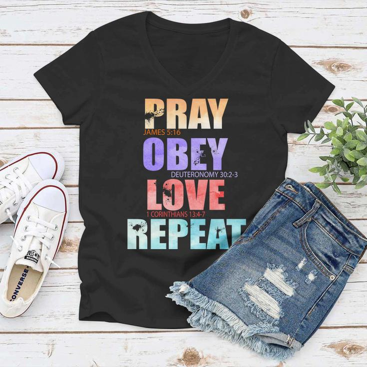 Pray Obey Love Repeat Christian Bible Quote Women V-Neck T-Shirt