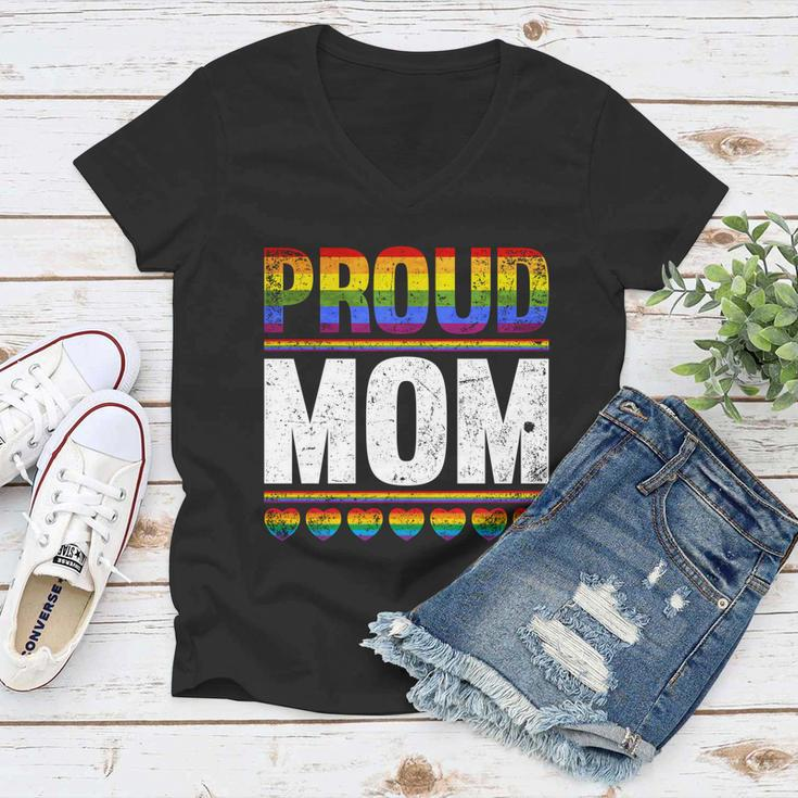 Proud Lesbian Mom Queer Mothers Day Gift Rainbow Flag Lgbt Gift Women V-Neck T-Shirt