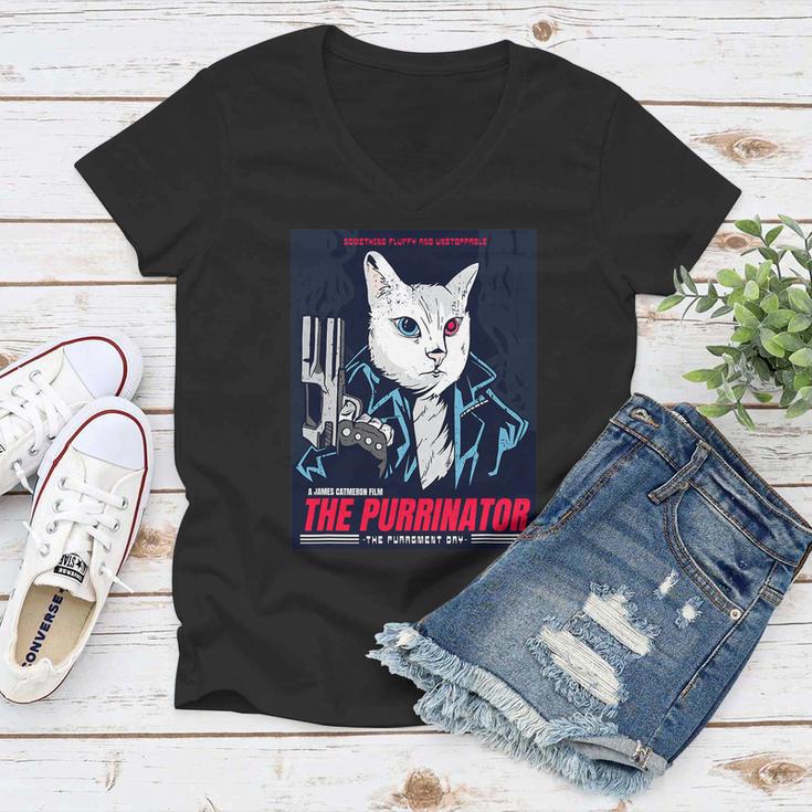 Purrinator Badass Cat Purrgment Day Funny Cat Movie Lovers Women V-Neck T-Shirt