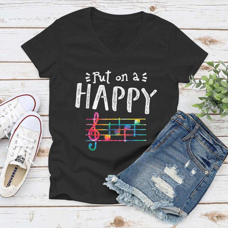 Put On A Happy Face Music Notes Funny Teacher Tshirt Women V-Neck T-Shirt