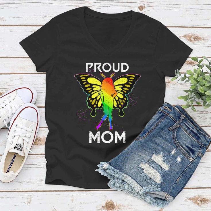 Rainbow Butterfly Proud Lesbian Mom Mothers Day Gift Lgbt Cool Gift Women V-Neck T-Shirt