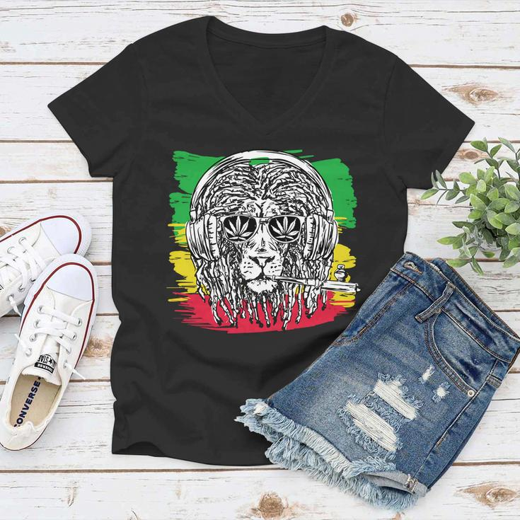 Rasta Lion With Glasses Smoking A Joint Women V-Neck T-Shirt