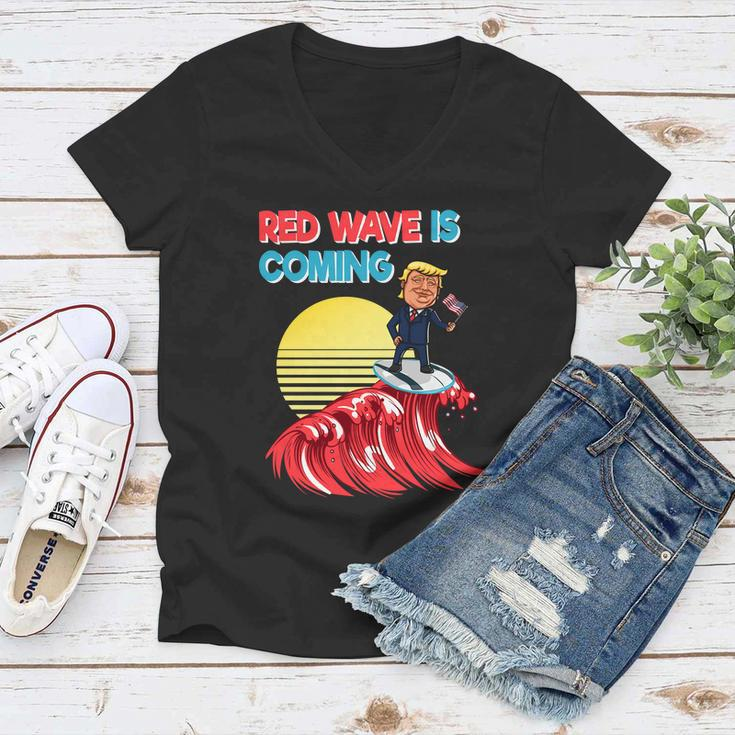 Red Wave Is Coming Republican Conservative Surfer Trump Us Flag Women V-Neck T-Shirt