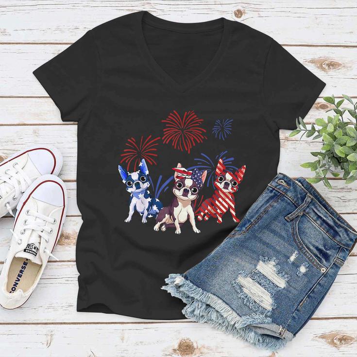 Red White Blue Boston Terrier Usa Flag 4Th Of July Women V-Neck T-Shirt