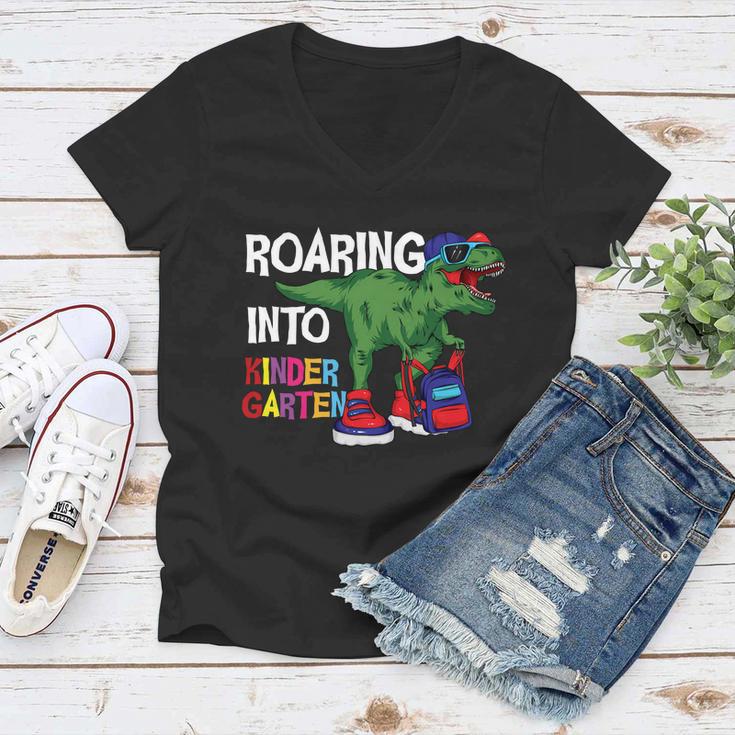 Roaring Into Kindergarten Dinosaur Back To School Women V-Neck T-Shirt