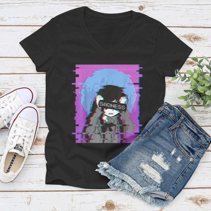 Sad Anime Girl Japanese Aesthetic Vaporwave Anime Otaku Tshirt Women V-Neck T-Shirt