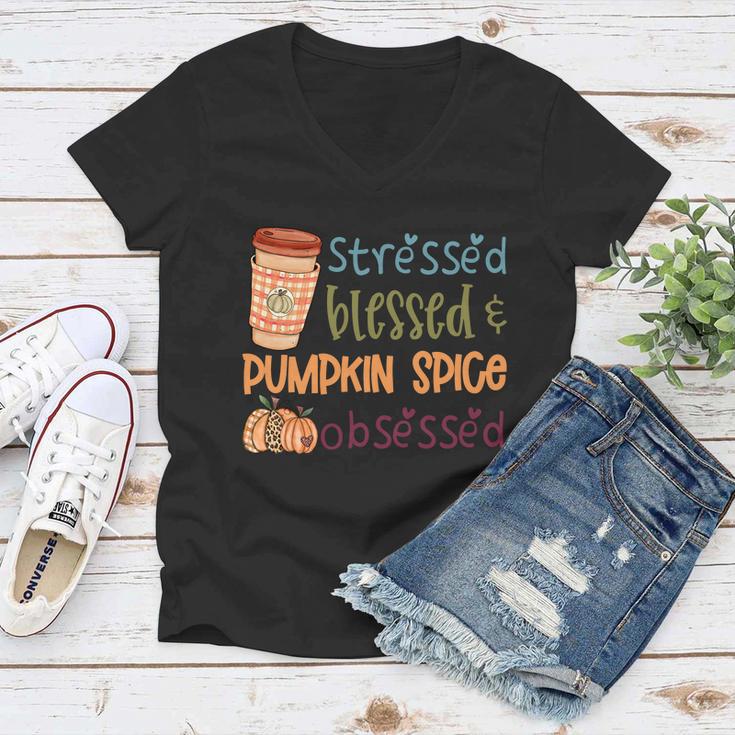 Stressed Blessed Pumpkin Spice Obsessed Thanksgiving Quote V3 Women V-Neck T-Shirt