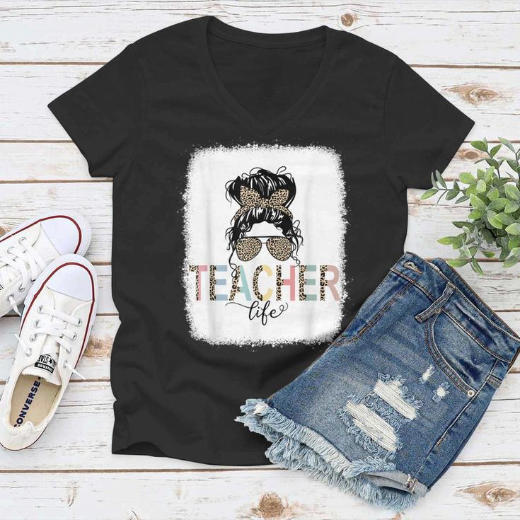 Teacher Life Bleached Teacher Life Royal Messy Bun  Women V-Neck T-Shirt