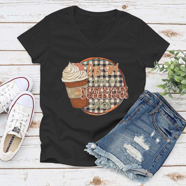 This Girl Runs On Pumpkin Spice Thanksgiving Quote Women V-Neck T-Shirt