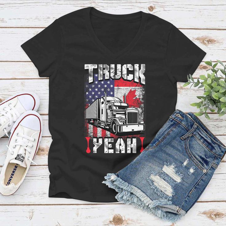 Truck Yeah Canada Flag American Flag Freedom Convoy Women V-Neck T-Shirt