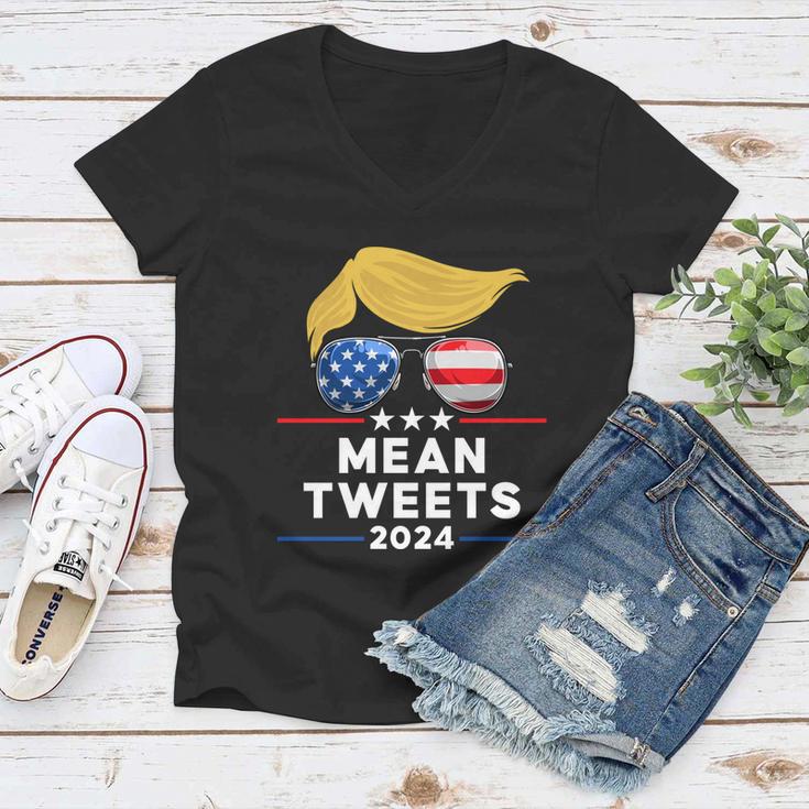 Trump 2024 Mean Tweets Usa Flag Sunglasses Funny Political Gift Women V-Neck T-Shirt