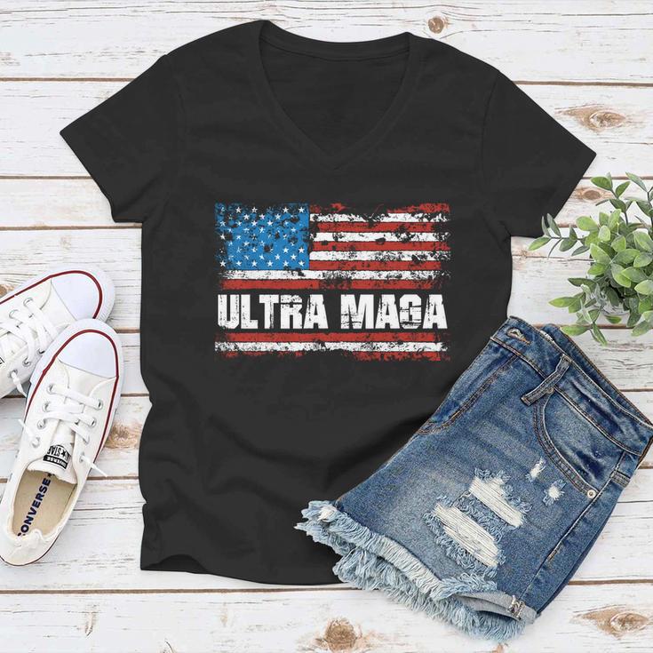 Ultra Maga Distressed United States Of America Usa Flag Women V-Neck T-Shirt